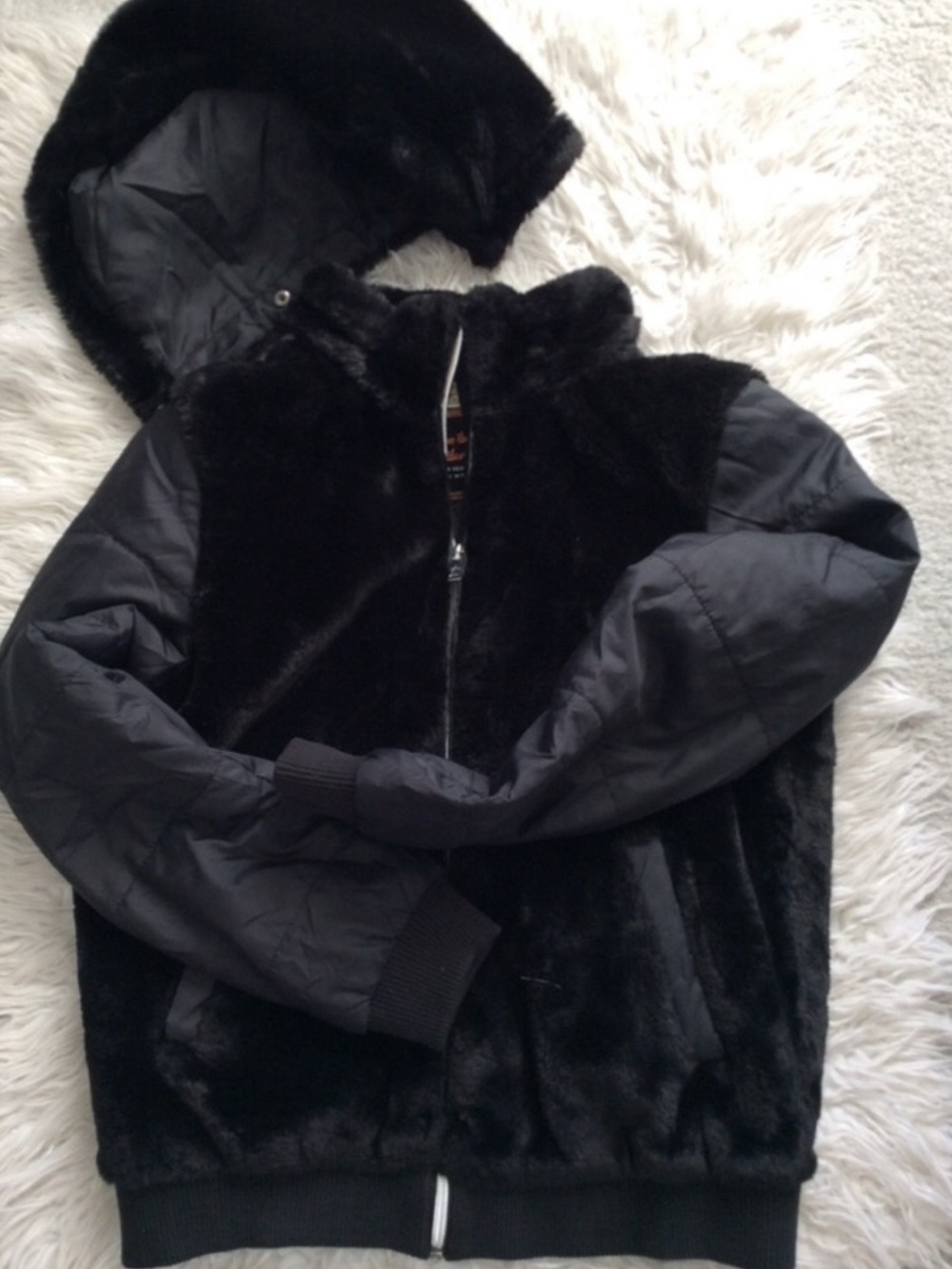 NEW⭐️H&M Black Faux Fur Hooded Bomber Jacket